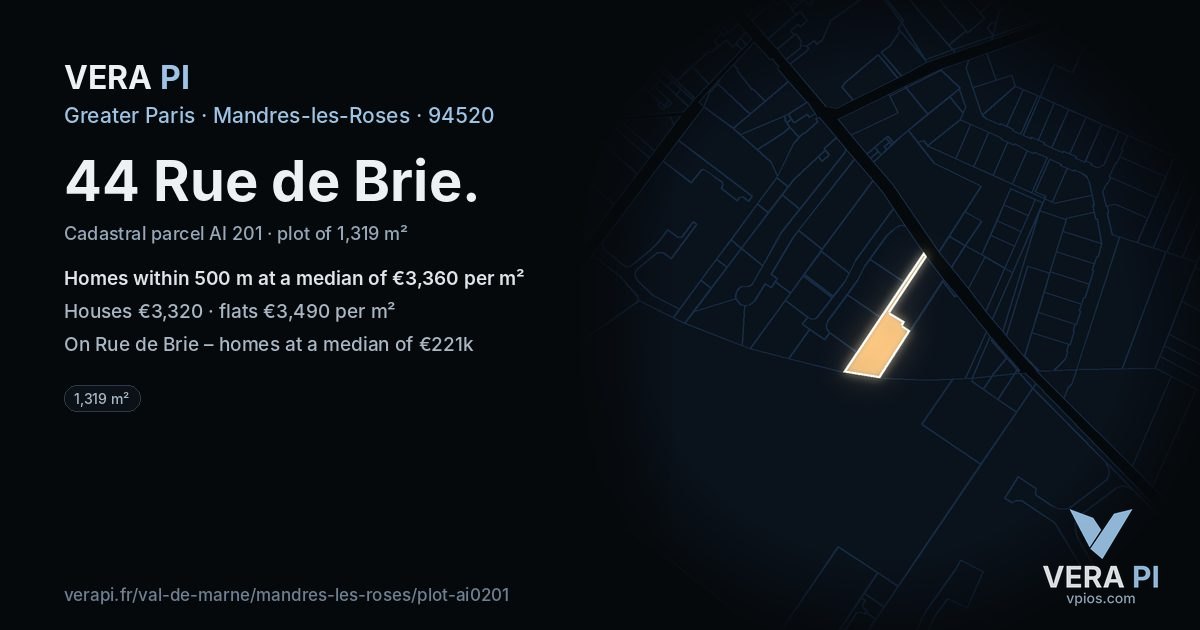 44 Rue de Brie, Mandres-les-Roses at night – the plot lit, the parcels around coloured by the prices near them