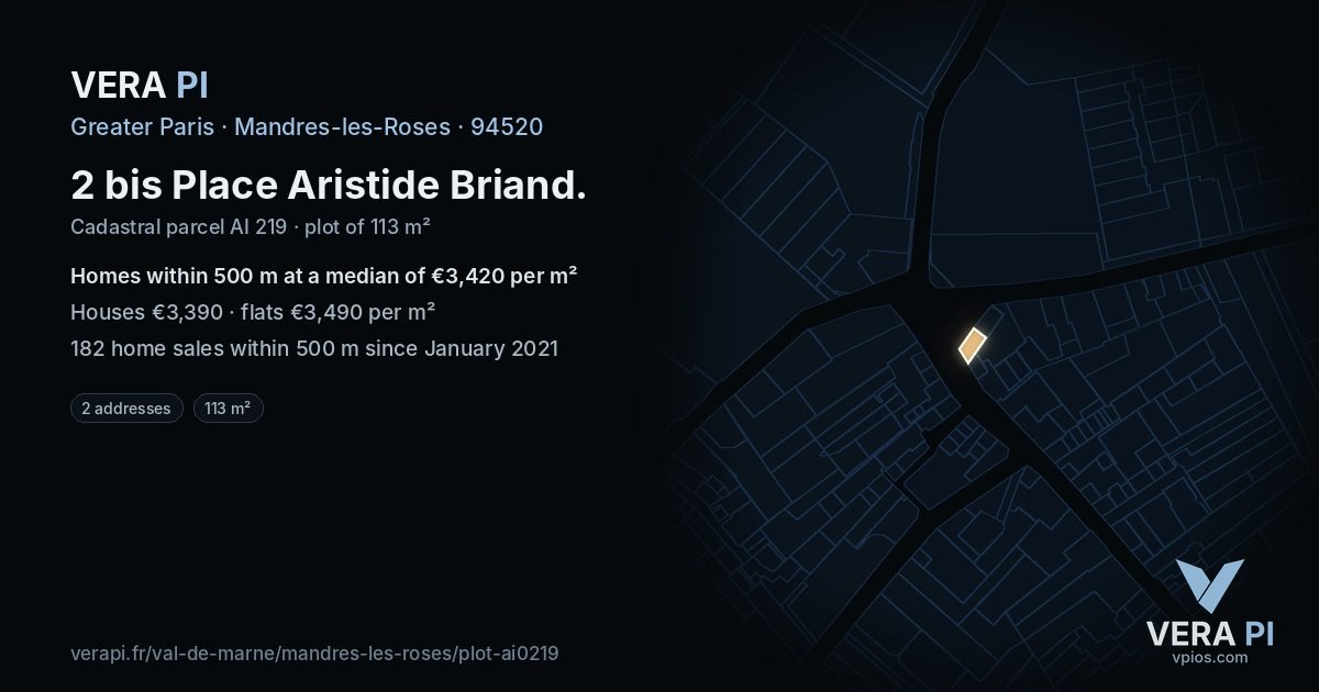 2 bis Place Aristide Briand, Mandres-les-Roses at night – the plot lit, the parcels around coloured by the prices near them