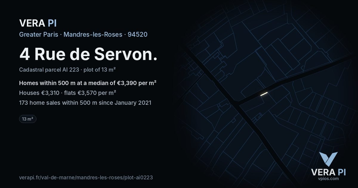 4 Rue de Servon, Mandres-les-Roses at night – the plot lit, the parcels around coloured by the prices near them