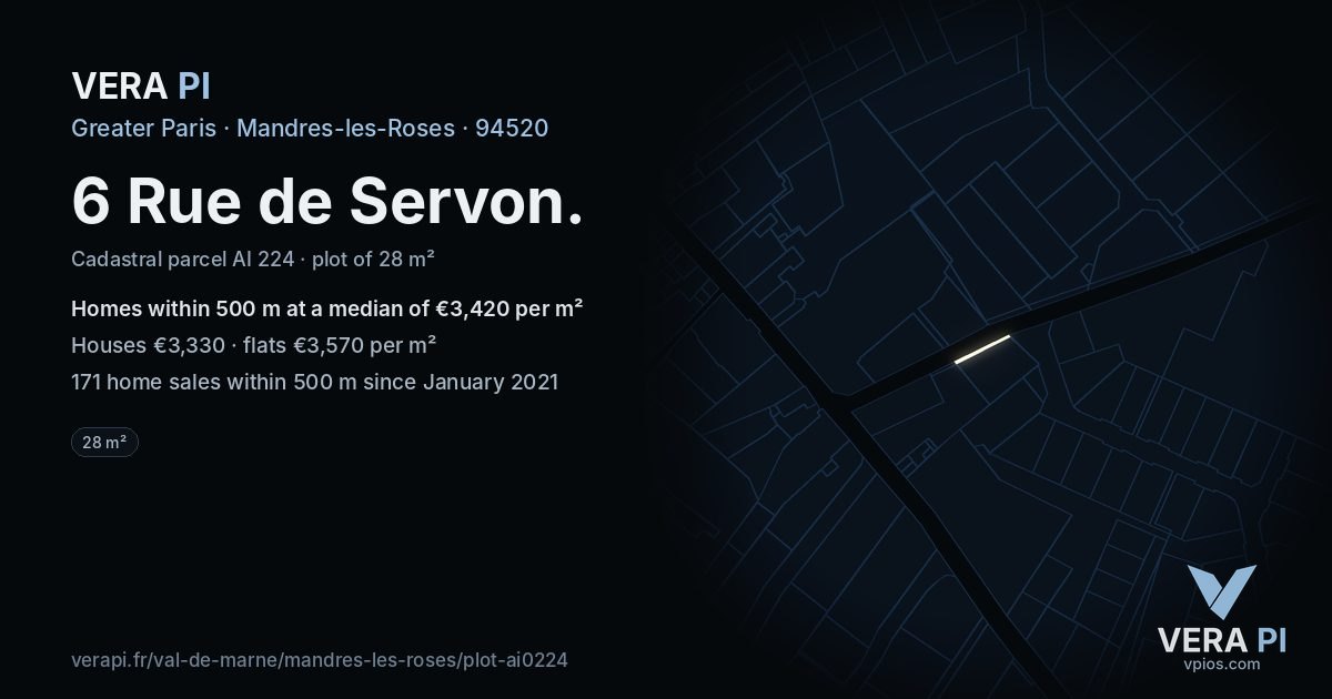 6 Rue de Servon, Mandres-les-Roses at night – the plot lit, the parcels around coloured by the prices near them