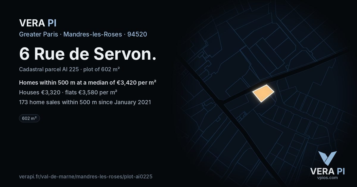 6 Rue de Servon, Mandres-les-Roses at night – the plot lit, the parcels around coloured by the prices near them