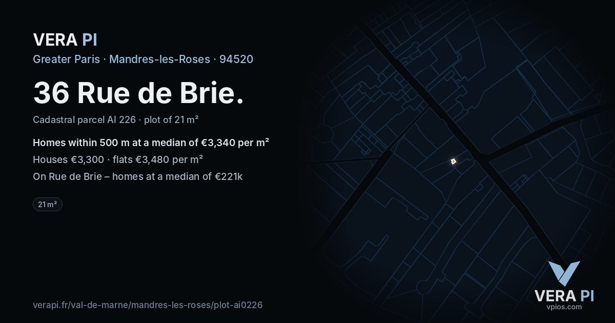 36 Rue de Brie, Mandres-les-Roses at night – the plot lit, the parcels around coloured by the prices near them