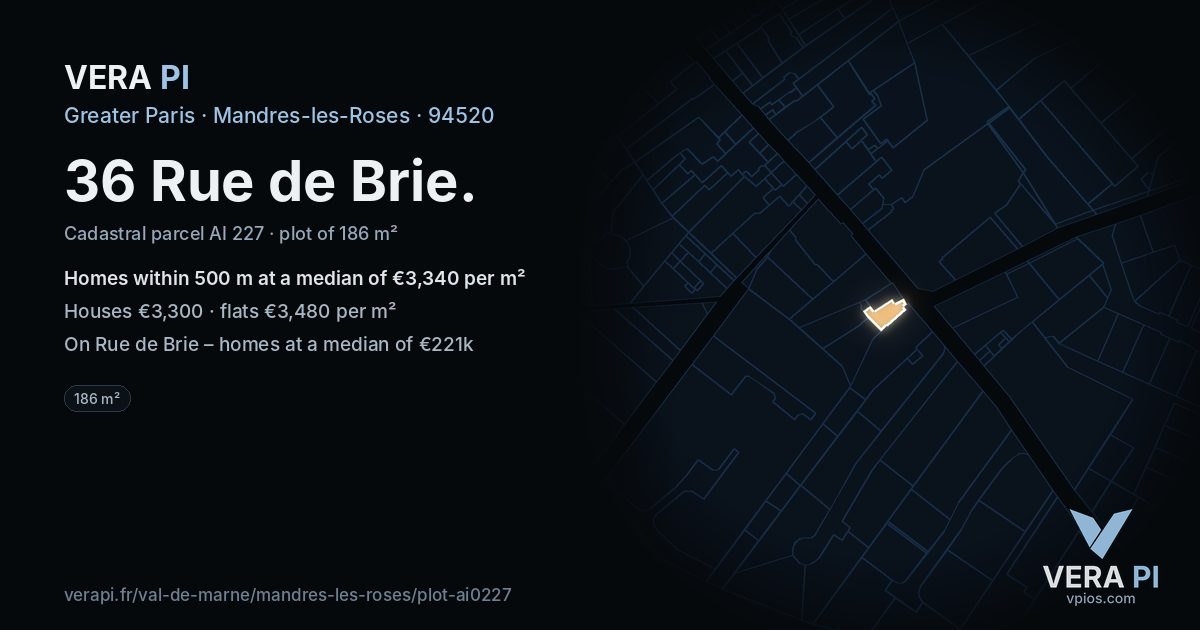 36 Rue de Brie, Mandres-les-Roses at night – the plot lit, the parcels around coloured by the prices near them