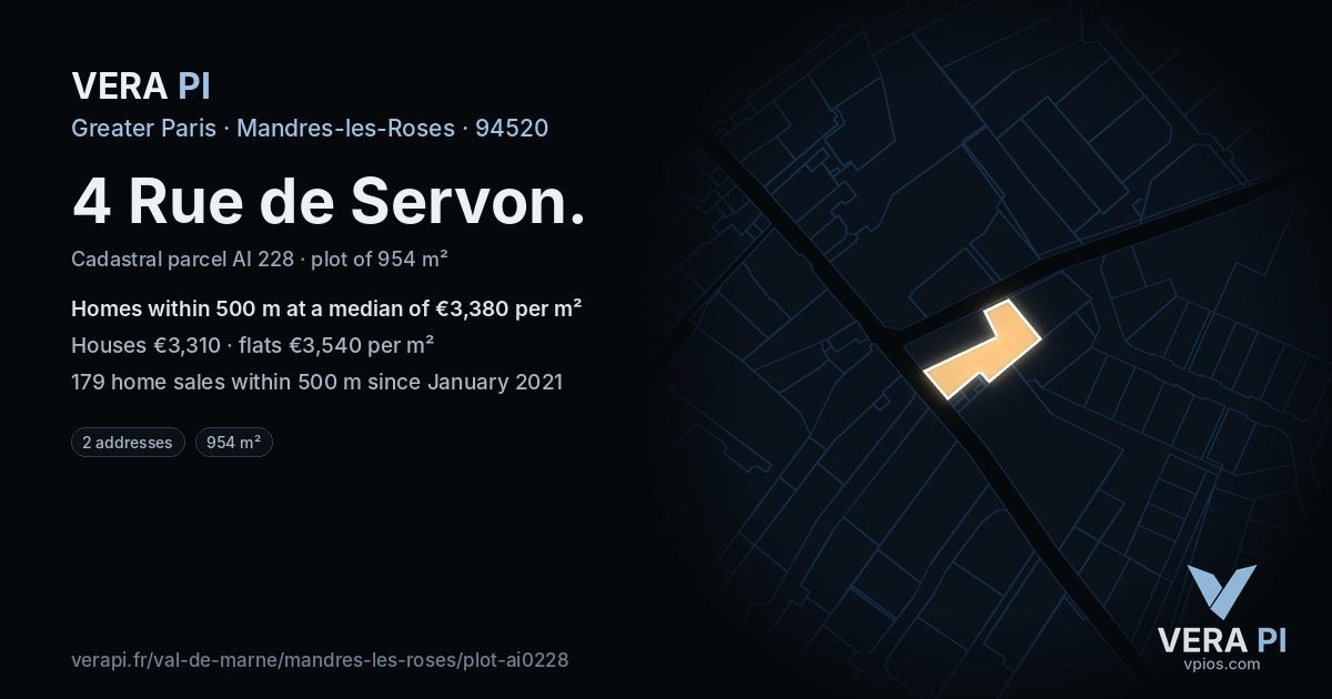 4 Rue de Servon, Mandres-les-Roses at night – the plot lit, the parcels around coloured by the prices near them