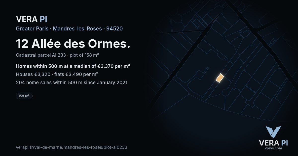 12 Allée des Ormes, Mandres-les-Roses at night – the plot lit, the parcels around coloured by the prices near them