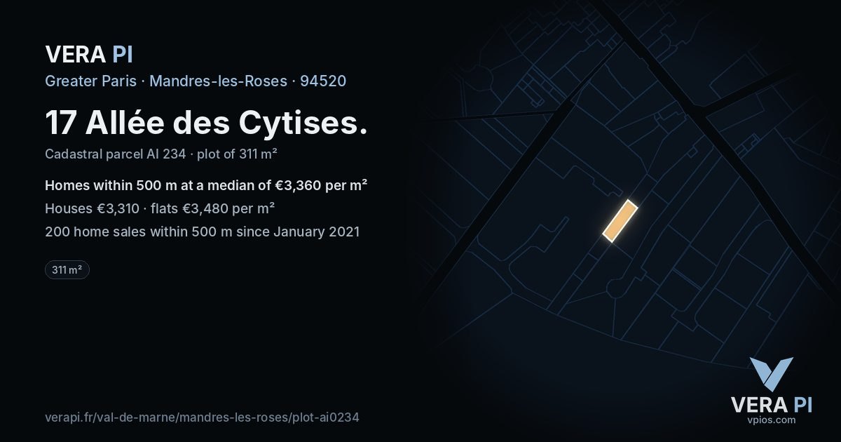 17 Allée des Cytises, Mandres-les-Roses at night – the plot lit, the parcels around coloured by the prices near them
