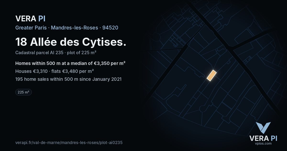 18 Allée des Cytises, Mandres-les-Roses at night – the plot lit, the parcels around coloured by the prices near them
