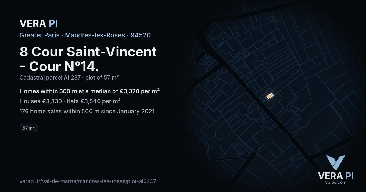 8 Cour Saint-Vincent - Cour N°14, Mandres-les-Roses at night – the plot lit, the parcels around coloured by the prices near them