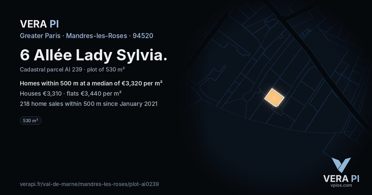 6 Allée Lady Sylvia, Mandres-les-Roses at night – the plot lit, the parcels around coloured by the prices near them