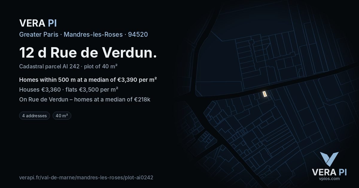 12 d Rue de Verdun, Mandres-les-Roses at night – the plot lit, the parcels around coloured by the prices near them