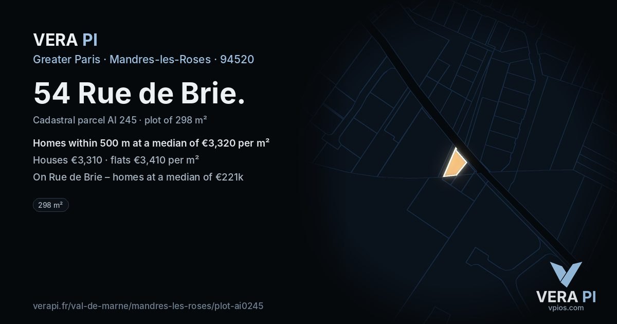 54 Rue de Brie, Mandres-les-Roses at night – the plot lit, the parcels around coloured by the prices near them