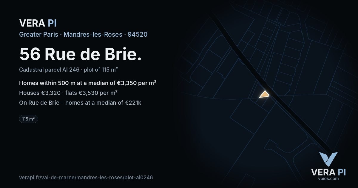 56 Rue de Brie, Mandres-les-Roses at night – the plot lit, the parcels around coloured by the prices near them