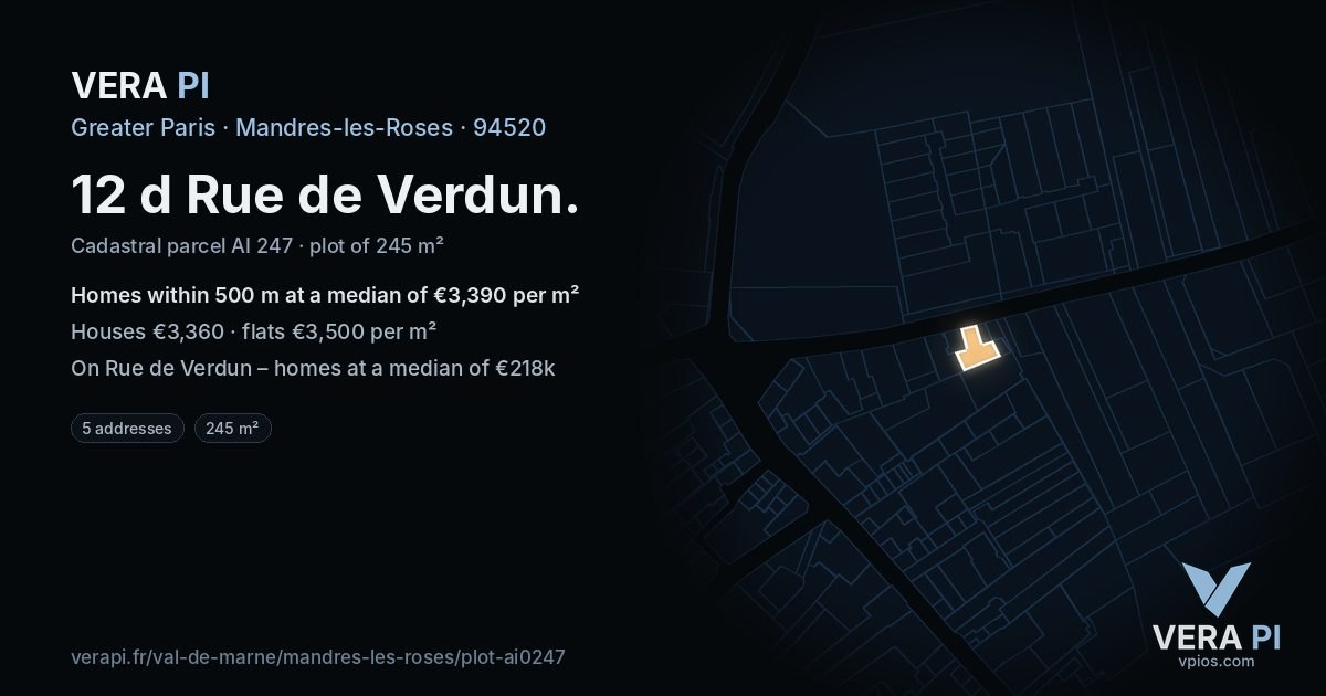 12 d Rue de Verdun, Mandres-les-Roses at night – the plot lit, the parcels around coloured by the prices near them