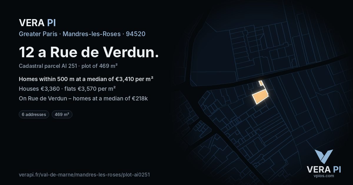 12 a Rue de Verdun, Mandres-les-Roses at night – the plot lit, the parcels around coloured by the prices near them