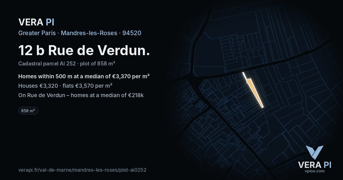 12 b Rue de Verdun, Mandres-les-Roses at night – the plot lit, the parcels around coloured by the prices near them