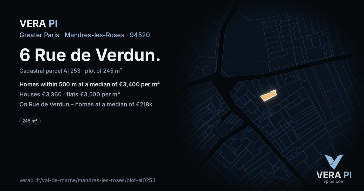 6 Rue de Verdun, Mandres-les-Roses at night – the plot lit, the parcels around coloured by the prices near them