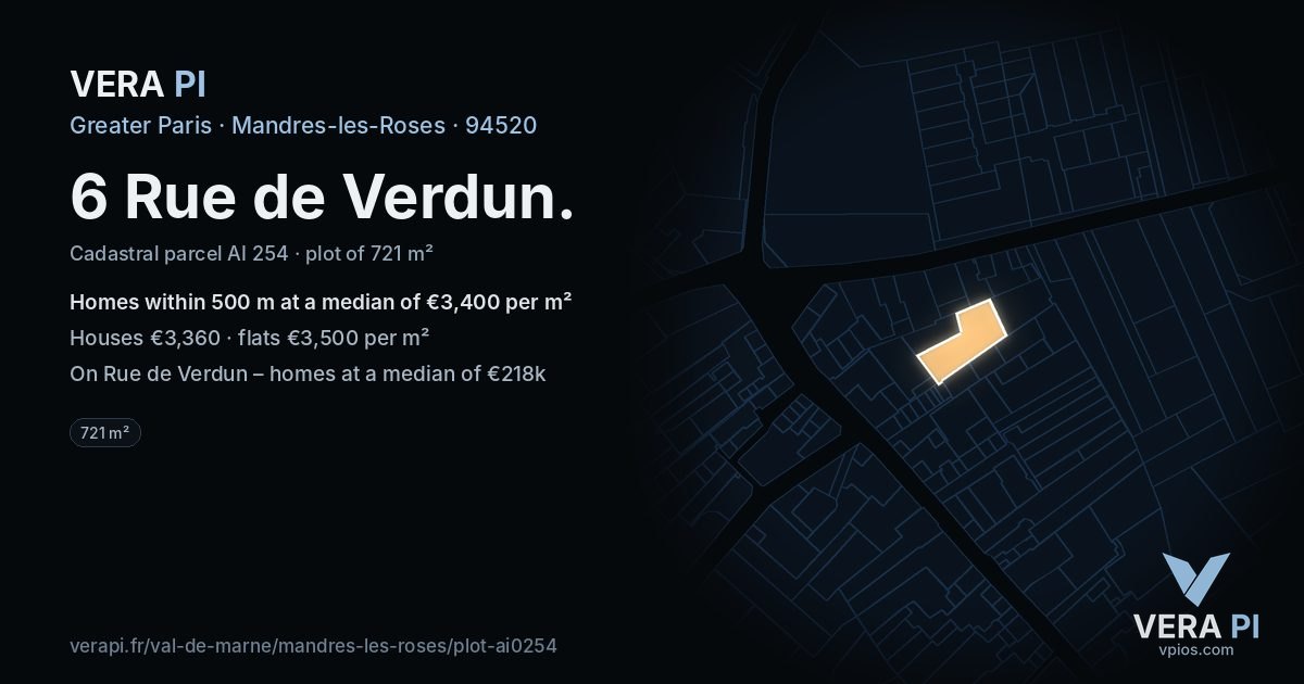 6 Rue de Verdun, Mandres-les-Roses at night – the plot lit, the parcels around coloured by the prices near them