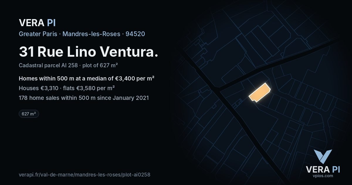 31 Rue Lino Ventura, Mandres-les-Roses at night – the plot lit, the parcels around coloured by the prices near them