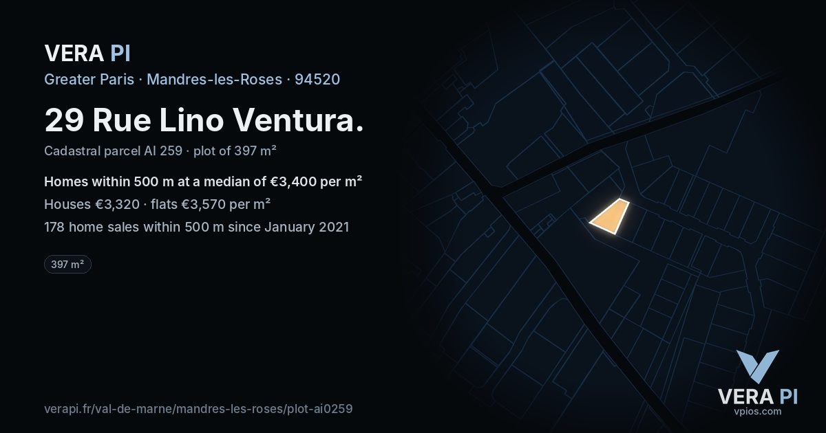 29 Rue Lino Ventura, Mandres-les-Roses at night – the plot lit, the parcels around coloured by the prices near them