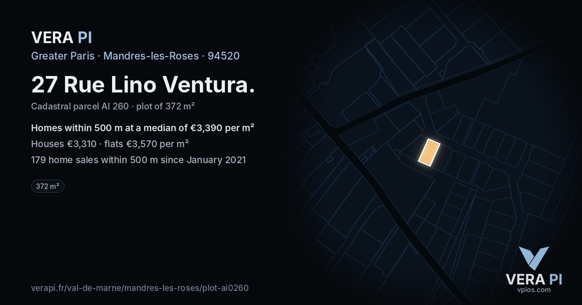 27 Rue Lino Ventura, Mandres-les-Roses at night – the plot lit, the parcels around coloured by the prices near them