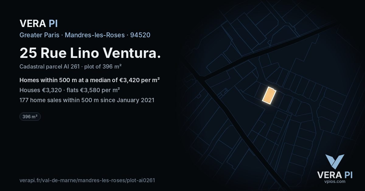 25 Rue Lino Ventura, Mandres-les-Roses at night – the plot lit, the parcels around coloured by the prices near them