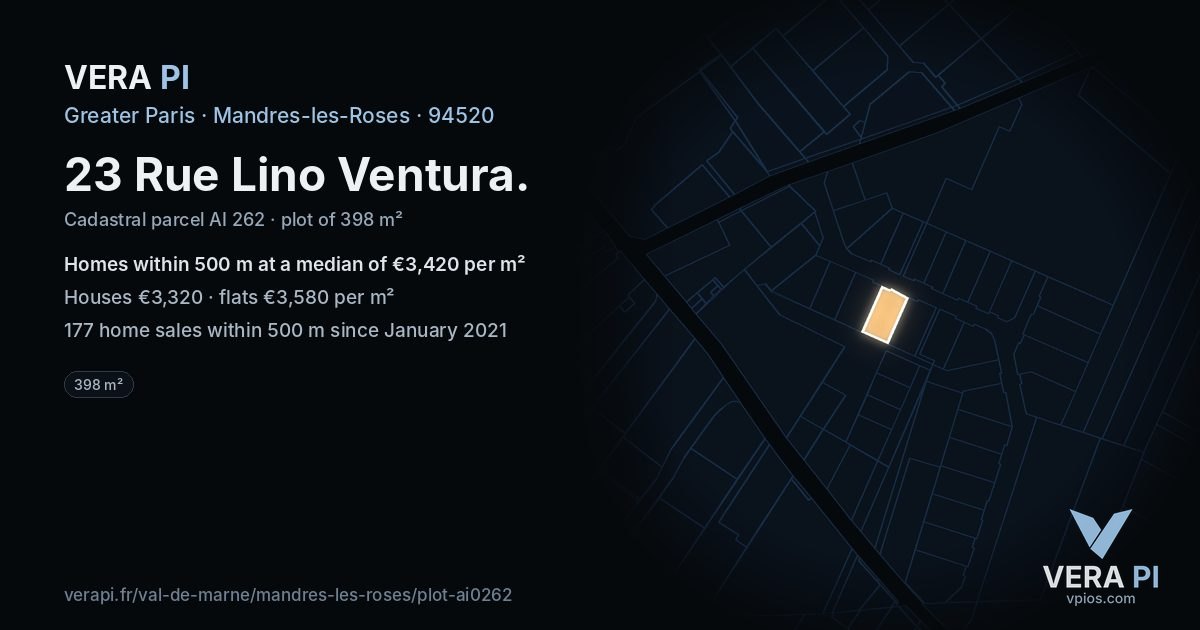 23 Rue Lino Ventura, Mandres-les-Roses at night – the plot lit, the parcels around coloured by the prices near them