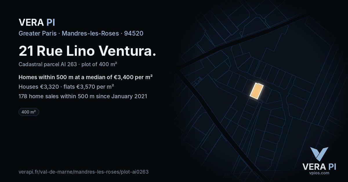 21 Rue Lino Ventura, Mandres-les-Roses at night – the plot lit, the parcels around coloured by the prices near them
