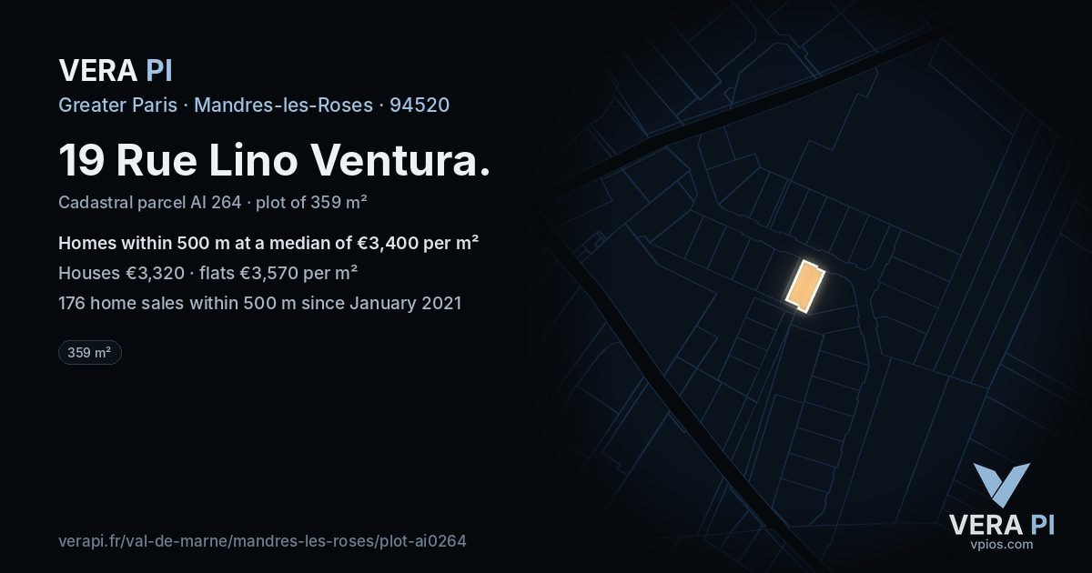 19 Rue Lino Ventura, Mandres-les-Roses at night – the plot lit, the parcels around coloured by the prices near them