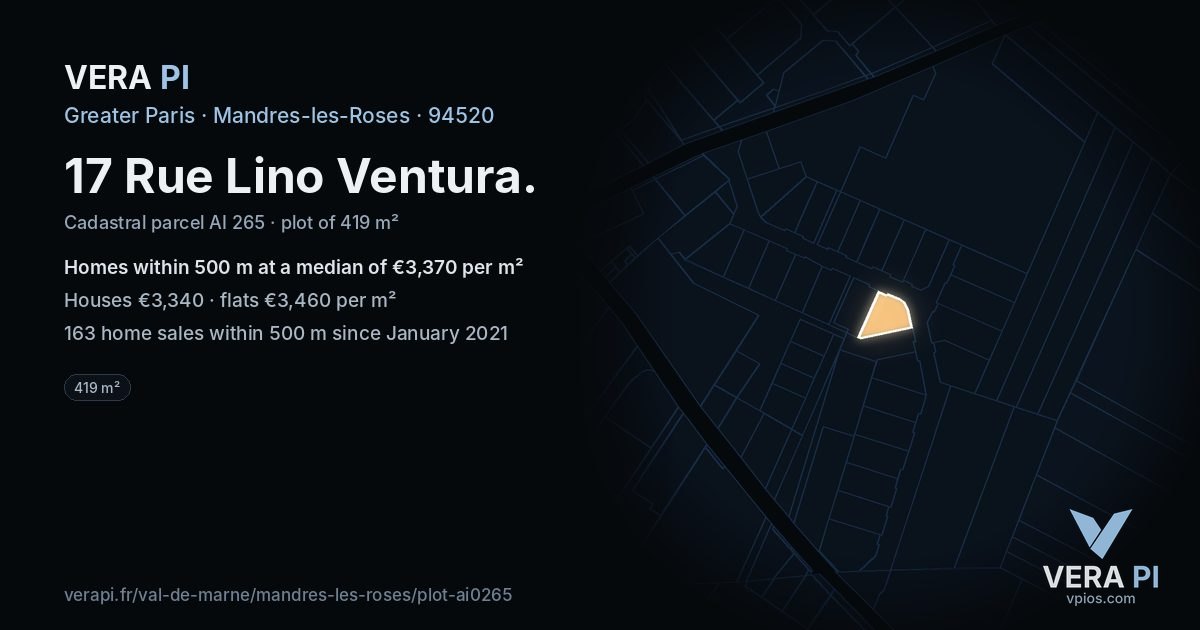 17 Rue Lino Ventura, Mandres-les-Roses at night – the plot lit, the parcels around coloured by the prices near them