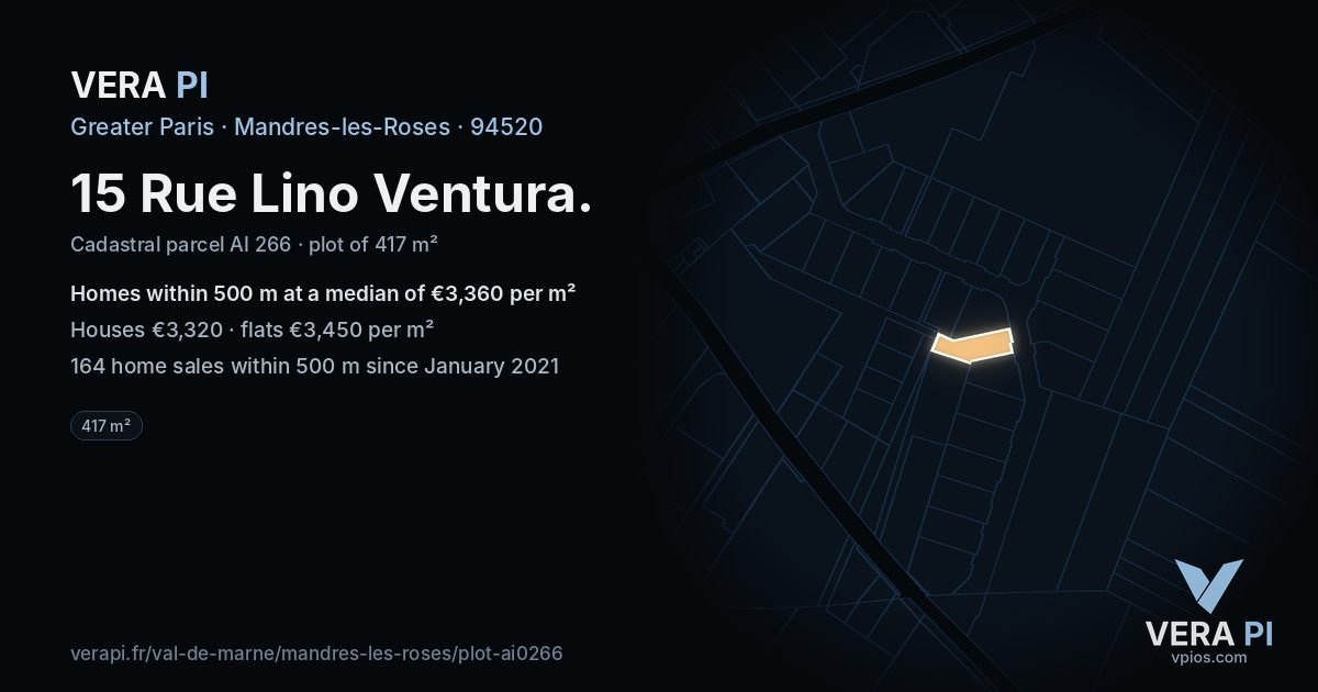 15 Rue Lino Ventura, Mandres-les-Roses at night – the plot lit, the parcels around coloured by the prices near them
