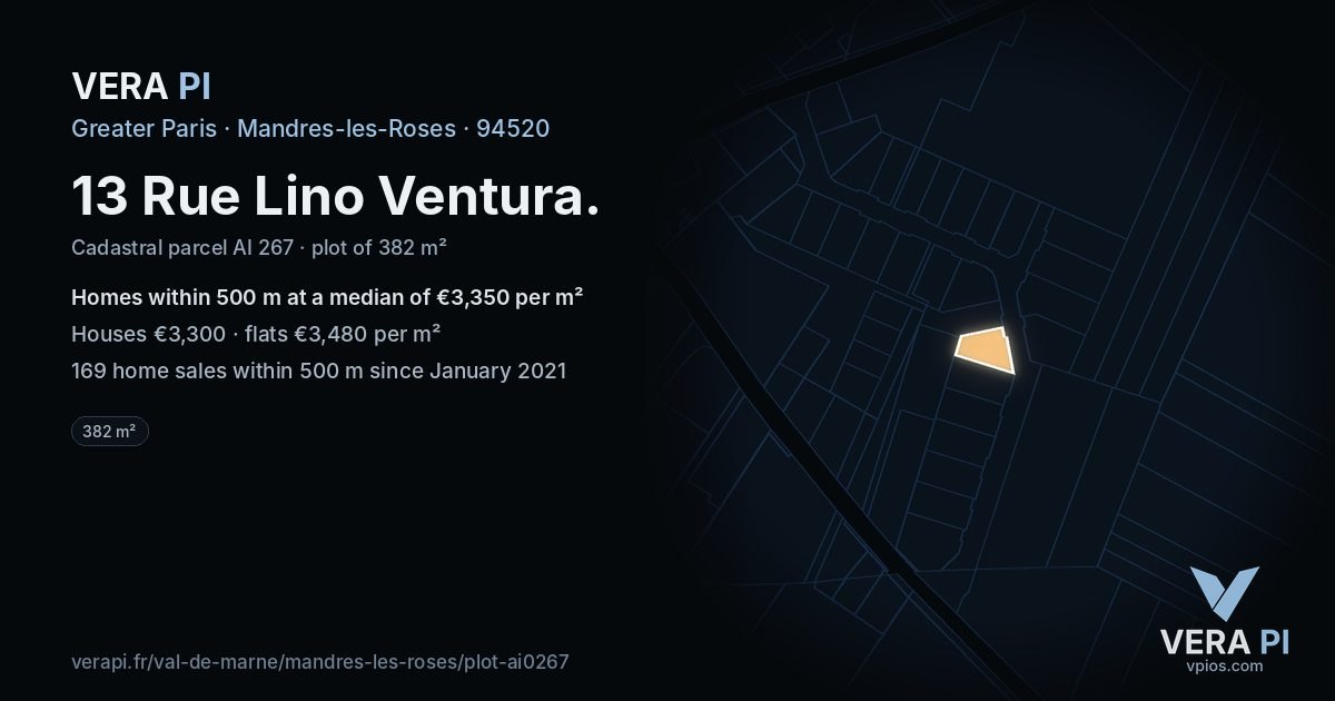 13 Rue Lino Ventura, Mandres-les-Roses at night – the plot lit, the parcels around coloured by the prices near them