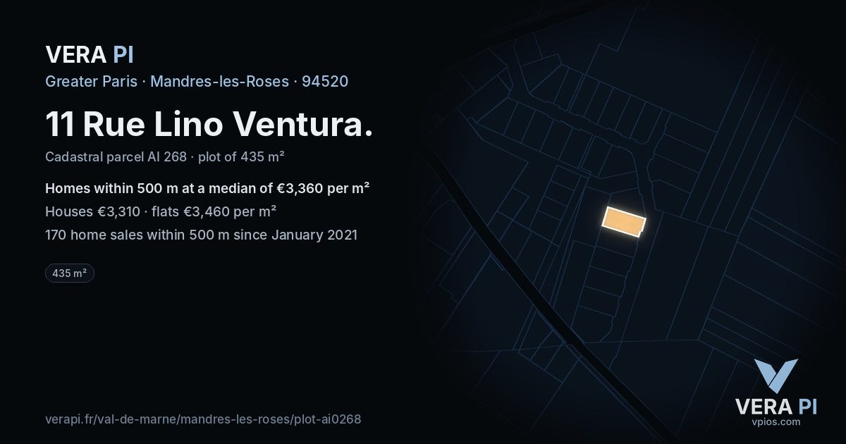 11 Rue Lino Ventura, Mandres-les-Roses at night – the plot lit, the parcels around coloured by the prices near them