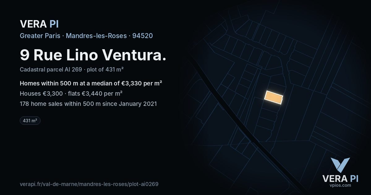 9 Rue Lino Ventura, Mandres-les-Roses at night – the plot lit, the parcels around coloured by the prices near them