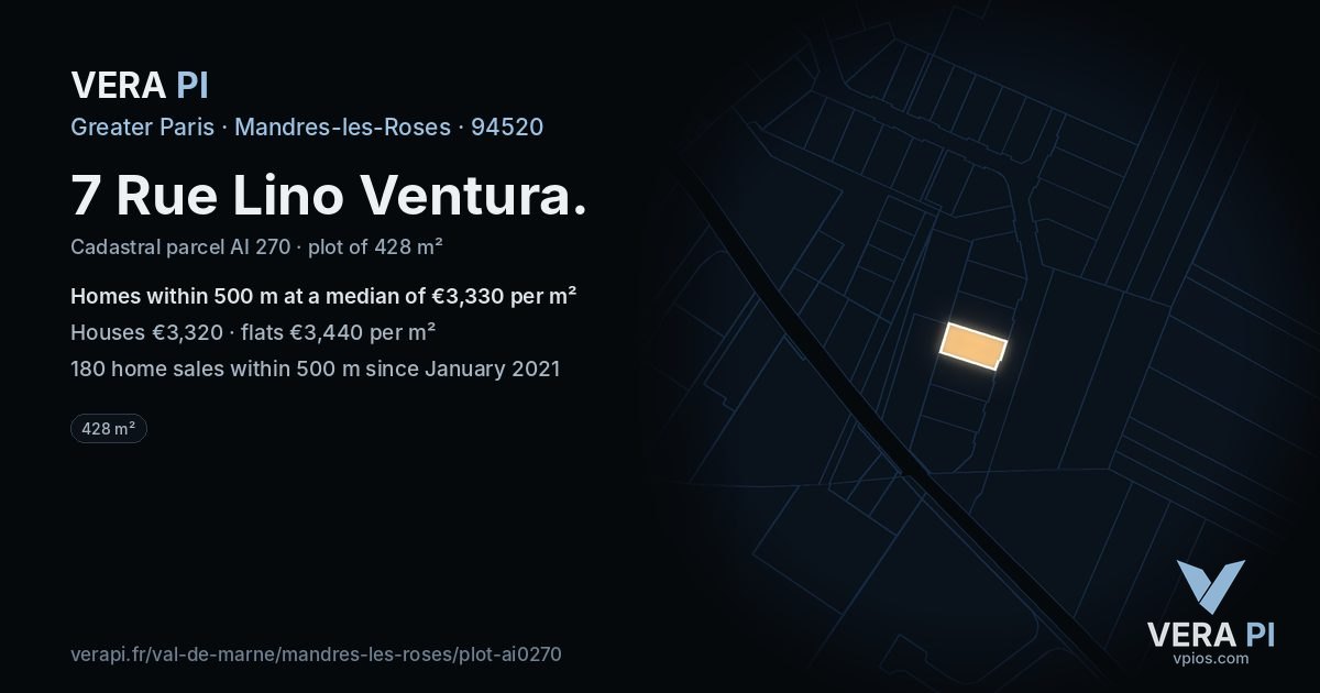 7 Rue Lino Ventura, Mandres-les-Roses at night – the plot lit, the parcels around coloured by the prices near them