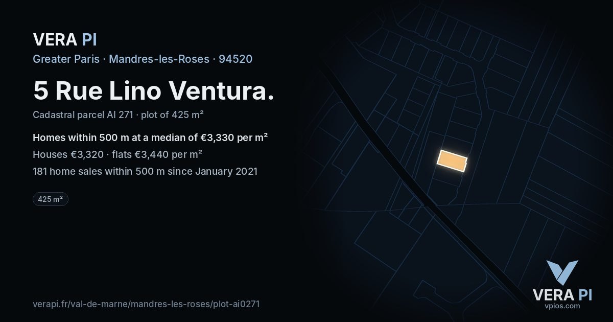 5 Rue Lino Ventura, Mandres-les-Roses at night – the plot lit, the parcels around coloured by the prices near them