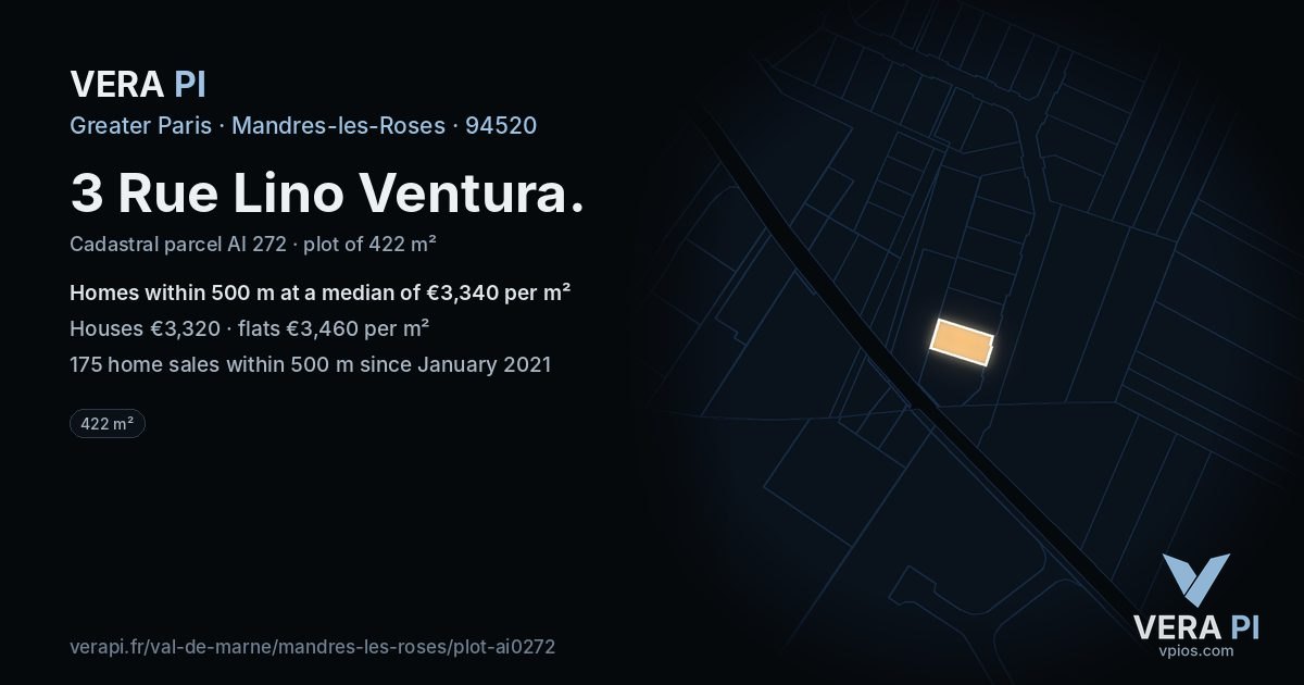 3 Rue Lino Ventura, Mandres-les-Roses at night – the plot lit, the parcels around coloured by the prices near them