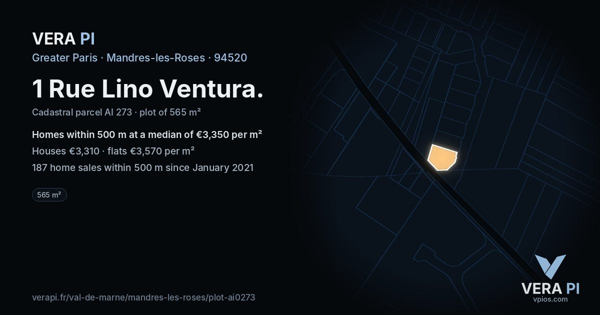 1 Rue Lino Ventura, Mandres-les-Roses at night – the plot lit, the parcels around coloured by the prices near them