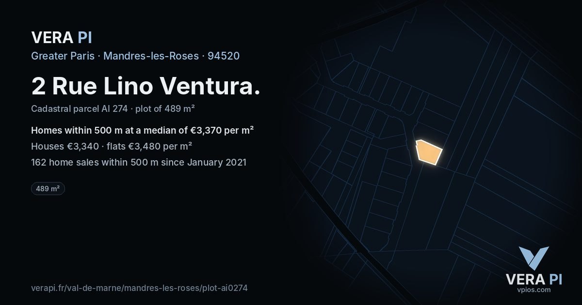 2 Rue Lino Ventura, Mandres-les-Roses at night – the plot lit, the parcels around coloured by the prices near them