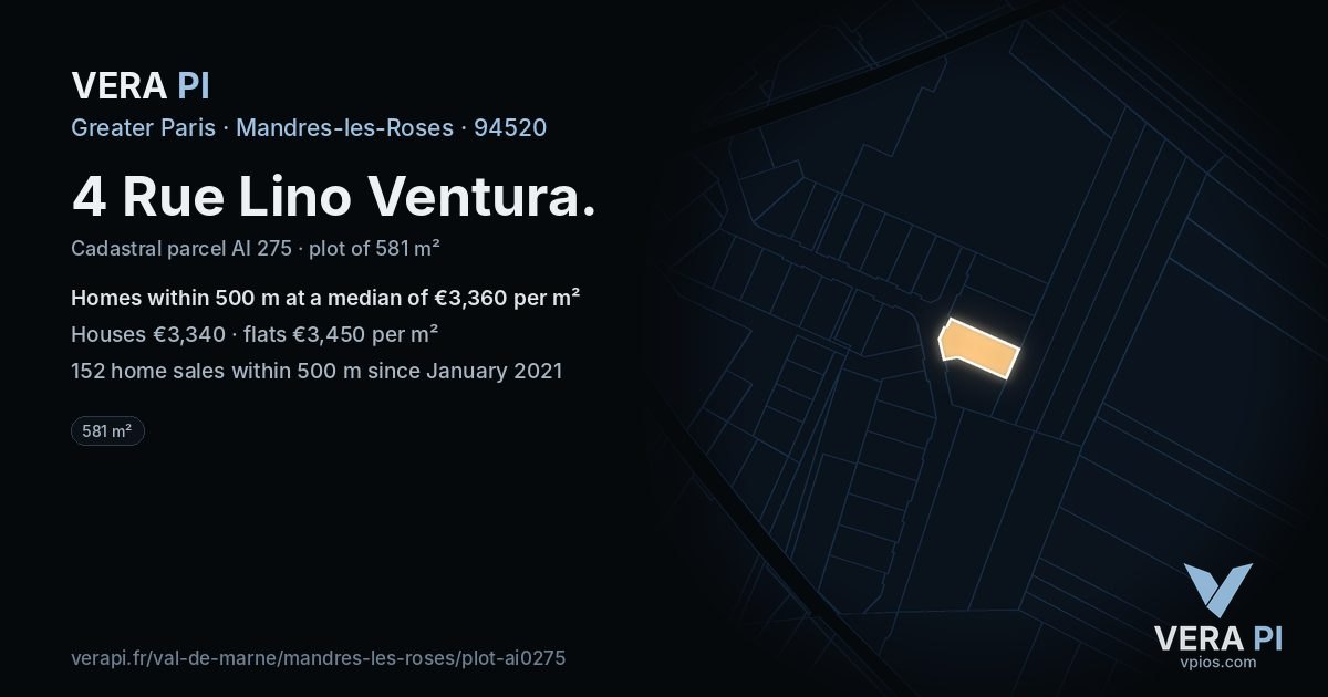 4 Rue Lino Ventura, Mandres-les-Roses at night – the plot lit, the parcels around coloured by the prices near them