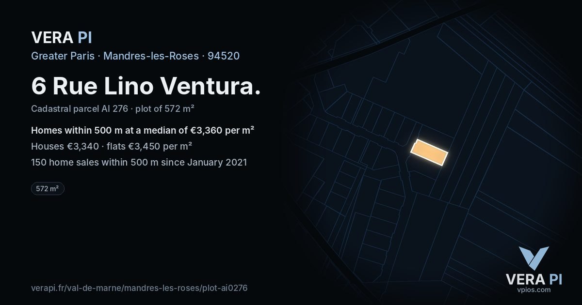6 Rue Lino Ventura, Mandres-les-Roses at night – the plot lit, the parcels around coloured by the prices near them