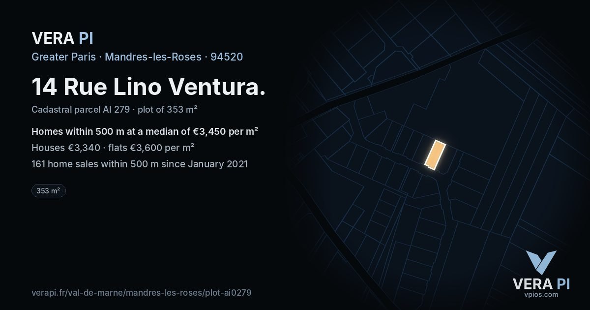 14 Rue Lino Ventura, Mandres-les-Roses at night – the plot lit, the parcels around coloured by the prices near them
