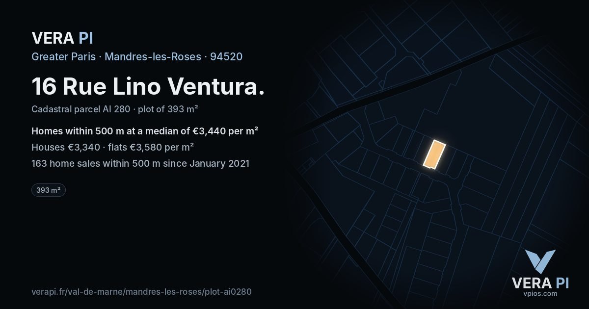 16 Rue Lino Ventura, Mandres-les-Roses at night – the plot lit, the parcels around coloured by the prices near them