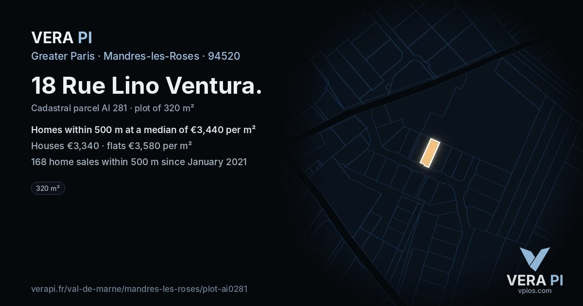 18 Rue Lino Ventura, Mandres-les-Roses at night – the plot lit, the parcels around coloured by the prices near them