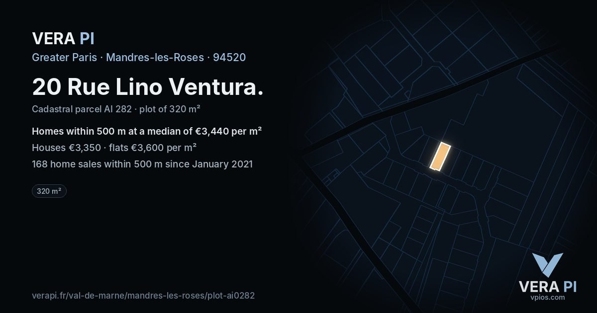 20 Rue Lino Ventura, Mandres-les-Roses at night – the plot lit, the parcels around coloured by the prices near them