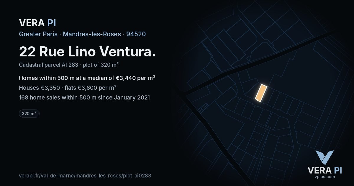 22 Rue Lino Ventura, Mandres-les-Roses at night – the plot lit, the parcels around coloured by the prices near them