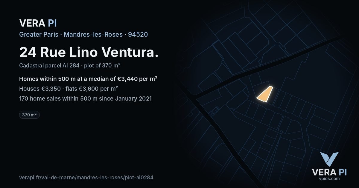 24 Rue Lino Ventura, Mandres-les-Roses at night – the plot lit, the parcels around coloured by the prices near them