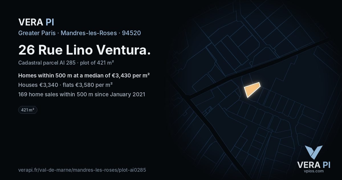 26 Rue Lino Ventura, Mandres-les-Roses at night – the plot lit, the parcels around coloured by the prices near them