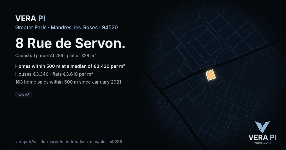 8 Rue de Servon, Mandres-les-Roses at night – the plot lit, the parcels around coloured by the prices near them