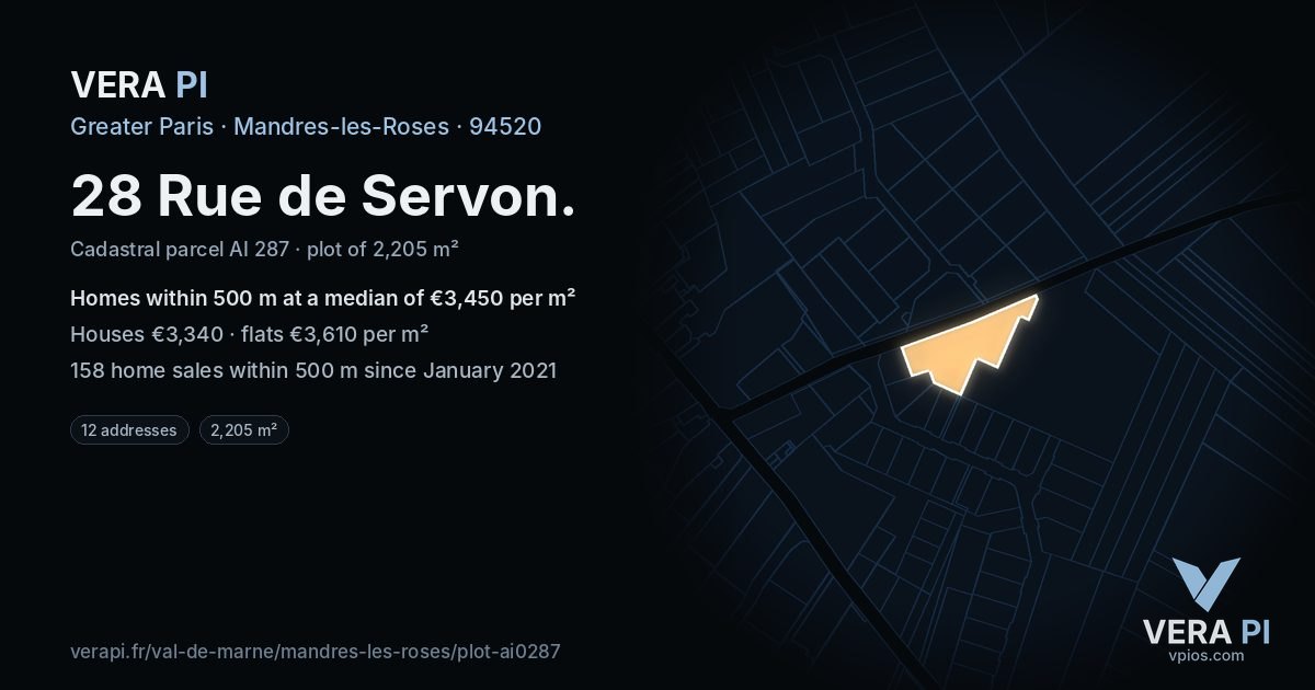 28 Rue de Servon, Mandres-les-Roses at night – the plot lit, the parcels around coloured by the prices near them