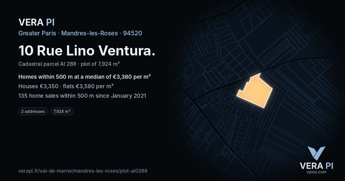 10 Rue Lino Ventura, Mandres-les-Roses at night – the plot lit, the parcels around coloured by the prices near them